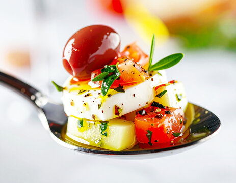 Eating a Greek appetizer with a spoon, fine dining, macro shot. AI