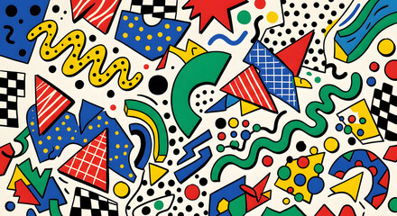 Fototapeta premium Bold abstract Memphis design style pattern with playful squiggles, dots, and triangles in vibrant primary colors