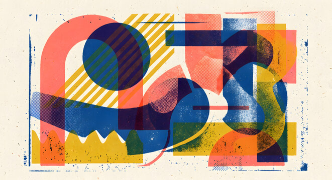 Abstract risograph style print with overlapping geometric shapes in coral, blue, and yellow on textured paper