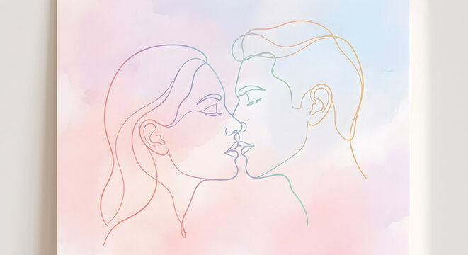 Minimalist single continuous line drawing of two faces close together in a delicate colorful gradient on pastel