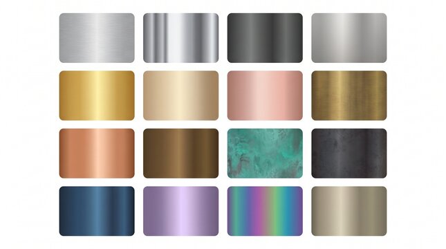Metallic gradient swatches collection, 16 luxury metal texture cards, gold silver and rose gold chrome finishes for graphic design and branding