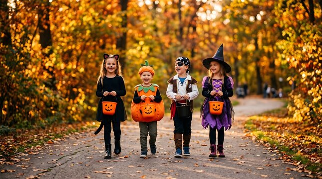 Four diverse children in creative costumes walking on a forest path during autumn to celebrate a fun happy halloween holiday event