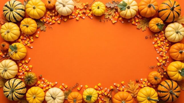 Autumnal pumpkin border with candy corn on orange background for fall seasonal design