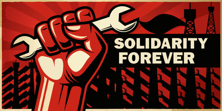 Raised Fist Holding Wrench Soviet Constructivist Style Propaganda Poster Illustration