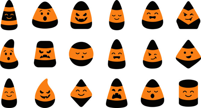 A collection of cute spooky candy corn characters with various funny facial expressions isolated on a white background