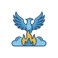Naklejka premium Blue phoenix mythical bird rising from orange fire flames.