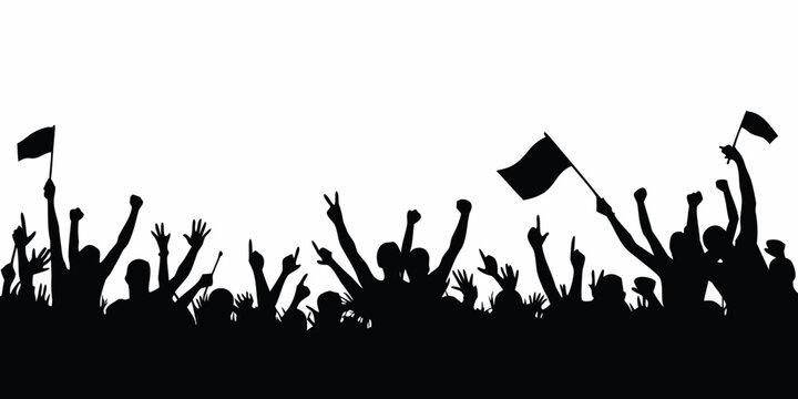 Crowd Silhouette With Raised Arms And Flags Against A White Background