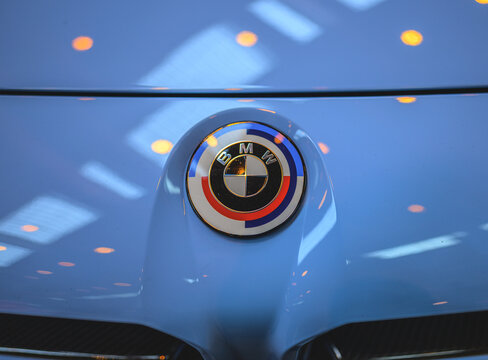 Gothenburg, Sweden - May 30 2026: BMW motorsport hood emblem on glossy white performance car.