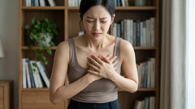Young asian woman experiencing sudden chest pain and discomfort