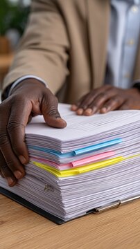 Close up of a person handling a thick stack of paper documents organized with colorful binder clips on a light wood desk