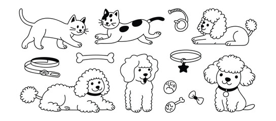 Obraz premium Collection of Cat and Dog Art: A charming illustration featuring various cats and dogs, including playful poodles, alongside pet accessories like collars, leashes, and toys, presented in a clean.