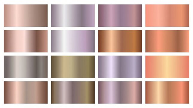 Metallic gradient swatches display a collection of rose gold, bronze, and copper colors on a grid.