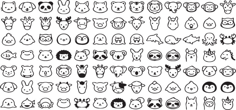 A big set of cute animal face icons