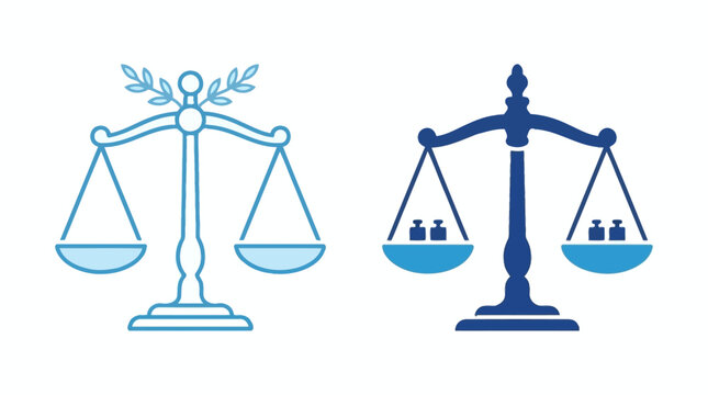 Scales of Justice vector icons in blue, representing law, legal system, equality, and balance