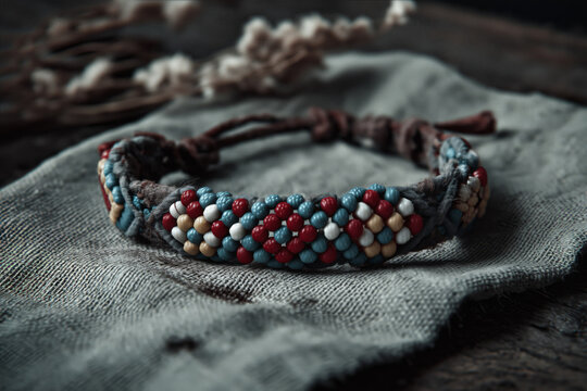 Native style braided thread and bead bracelet with red and blue beads resting on coarse linen fabric
