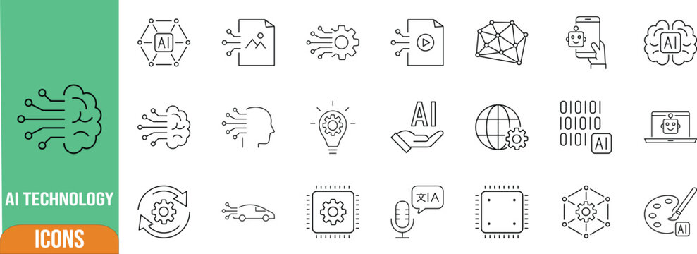 Artificial intelligence machine learning icons. brain icon set, chip icon set, robot icon set