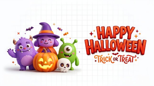A festive happy halloween design featuring cute colorful cartoon monsters with a carved pumpkin and a skull on a white background