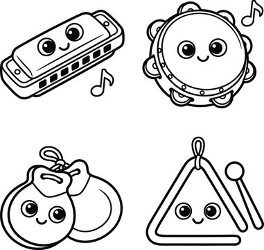 Cute cartoon musical instruments assortment featuring harmonica tambourine castanets and triangle for coloring book page composition.