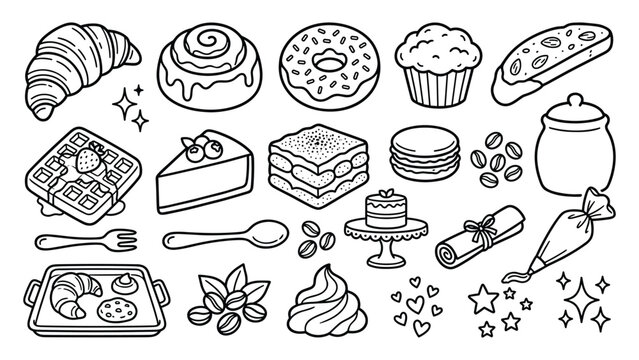 Bakery doodle icons set with sweet pastry donut croissant cake macaron and waffle vector illustration