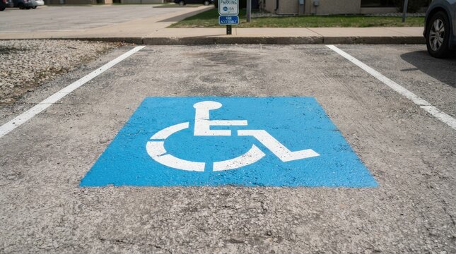 A blue painted wheelchair accessible parking space symbol on asphalt pavement which is a relevant concept to consider during the annual world car free day
