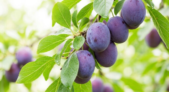 Ripe purple plums hanging from a leafy green branch