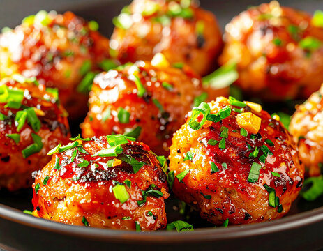 Honey garlic meatballs, macro shot. AI