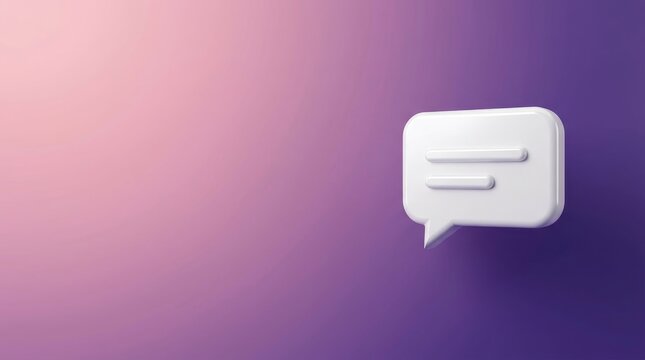 A 3d rendered white speech bubble icon floating against a soft purple and pink gradient background