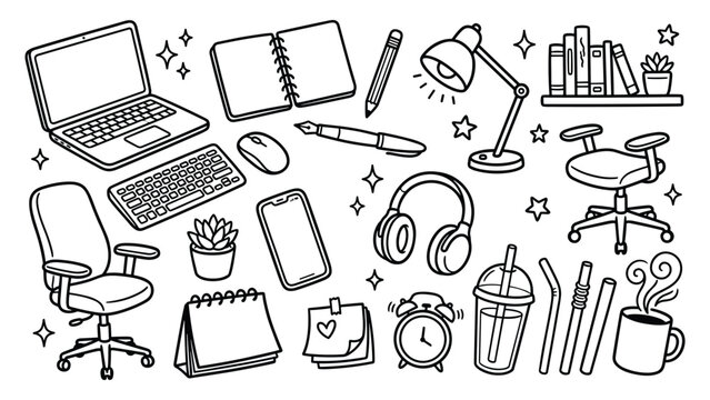 Workspace doodle icons set with laptop chair notebook desk lamp calendar and vector illustration