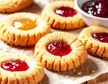 Peanut butter and jelly thumbprint cookies, closeup. AI