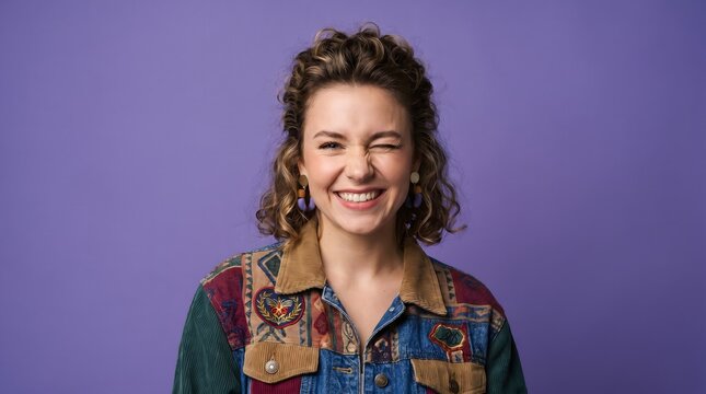 portrait of a young woman winking with a fun, expressive Smile, wearing a colorful retro-style jacket against a solid purple background, conveying an energetic, vibrant, and joyful mood