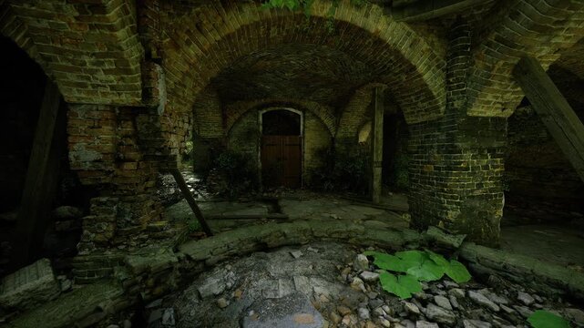 Dark mossy crypt interior with broken floor and scattered leaves, low light pools in archways and damp stone textures, moody setting for mystery narrative