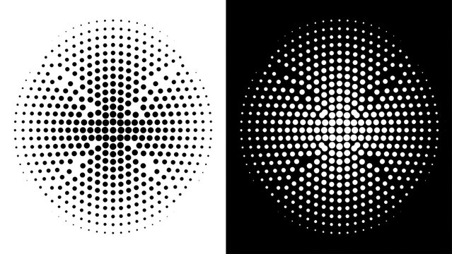 Radial halftone dot circle pattern vector graphic with halftone, monochrome