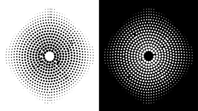 Radial sunburst halftone dot pattern graphic with halftone sunburst monochrome