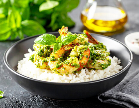 Pesto shrimp on white rice. AI