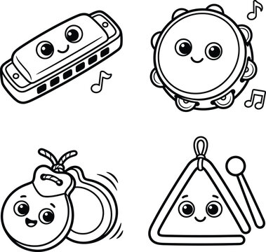 Cute cartoon assortment of musical instruments including harmonica tambourine castanets and triangle coloring page for kids.