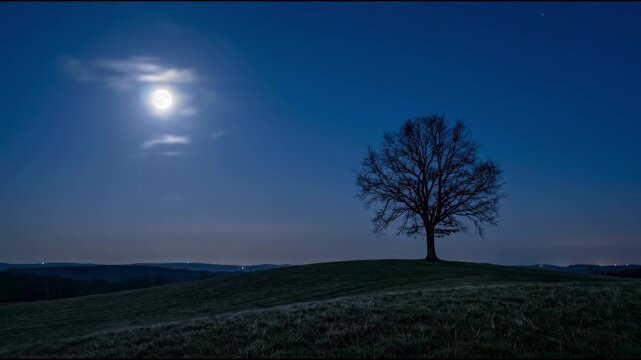 Full moon rising over a lonely tree on a hill at night, dark blue sky, peaceful rural landscape, night scenery 4k video