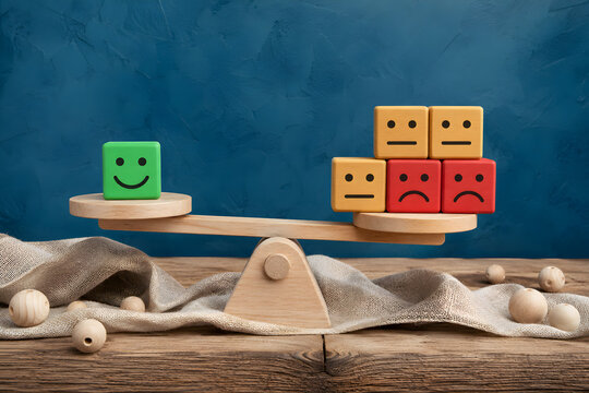 Colorful Wooden Emotion Blocks on Balance Scale Representing Customer Satisfaction, Emotional Intelligence and Sentiment Analysis
