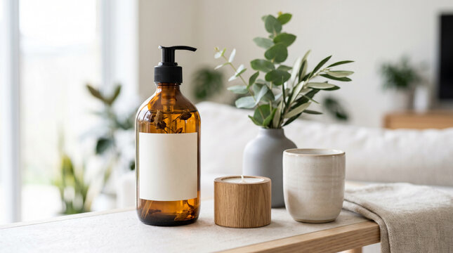 Amber glass soap dispenser with candle, ceramic mug and eucalyptus vase for minimalist modern home countertop background and bathroom decor styling