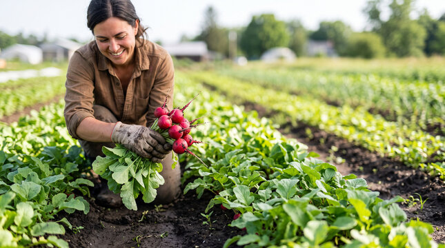Smiling farmer harvesting fresh radishes in an organic vegetable field for farm to table banner and sustainable produce