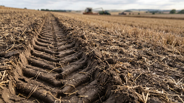 Tractor tire tracks in a plowed field showing soil furrows for agricultural background and farming texture