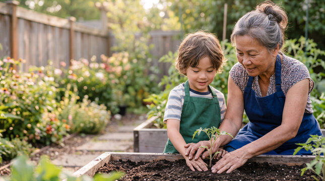 banner Grandparents' Day, portrait of Vietnamese-American grandmother planting in garden with mixed-race grandson, copy space intergenerational bonds and passing on of experiences