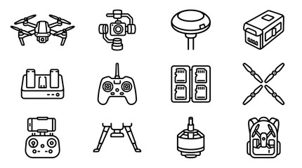 Drone Accessories Icon Set: Quadcopter, Gimbal, Controller, Battery, Propellers © Sugar