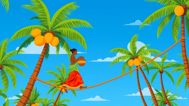 Traditional Sri Lankan Toddy Tapper Flat Illustration