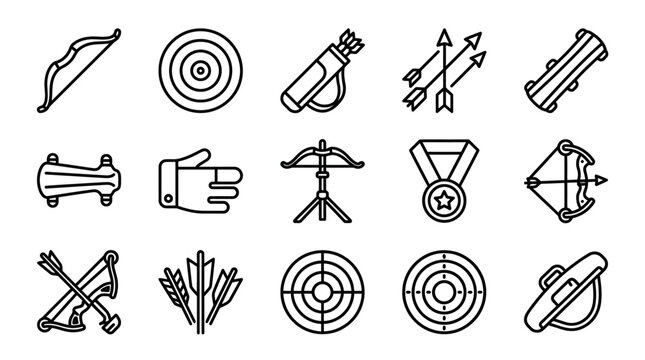Archery Icons Set: Bow, Arrows, Quiver, Target, Medal, Glove, Shield