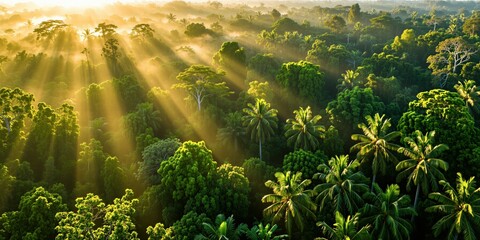 Plakat Aerial view of green rainforest at sunrise. Golden sunlight shines through heavy morning mist over dense tropical jungle vegetation. Many palm trees grow in wild deep forest landscape. Nature scenery