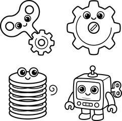 Fototapeta premium Cute mechanical robot characters and gear icons assortment for kids coloring page activity vector drawing.