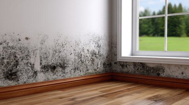 Close up of a room corner showing black mold damage spreading on the wall and minor spots around a window in bright light