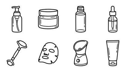 Hand-drawn skincare icons: serum, cream, facial roller, mask, steamer, lotion © keenan