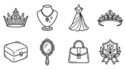 Royal and Elegant Icons: Crown, Necklace, Dress, Tiara, Jewelry Box, Mirror, Bag, Emblem © keenan