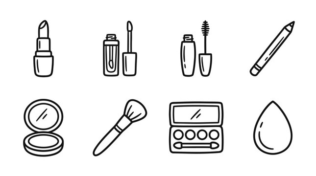 Hand-drawn cosmetic icons: lipstick, mascara, makeup brush, eyeshadow palette, and more